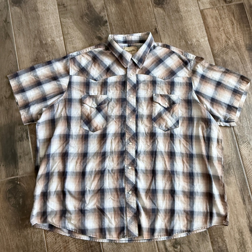 Wrangler Mens Western Plaid‎ Pearl Snap Short Sleeve Shirt,Brown Black, 3X